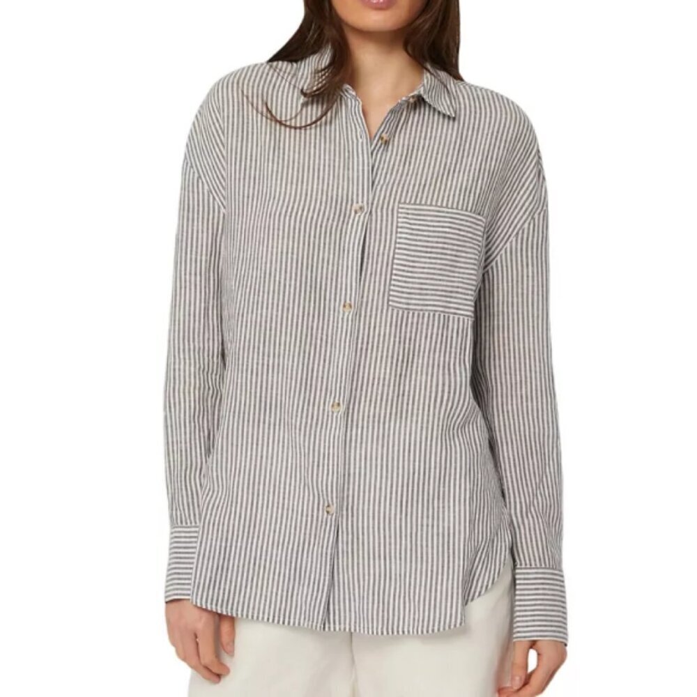ONIA Air Linen Striped Long-Sleeve Boyfriend Shirt, Deep Navy Blue/White